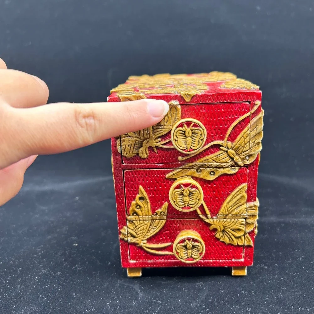 Carved Soapstone Vietnam Handmade Red Carved Butterfly Jewelry Drawer Box